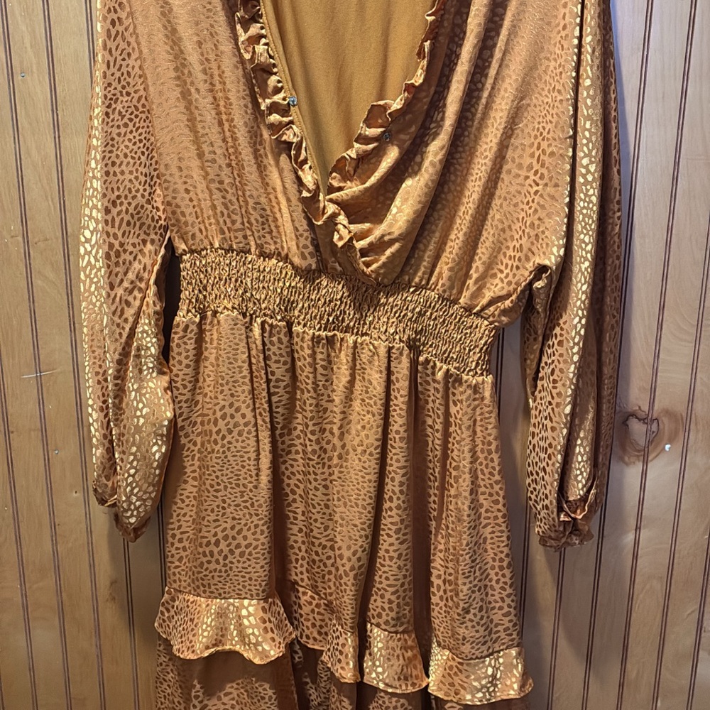 Long Sleeve Ruffled V-Neck Midi Dress in Burnt Orange